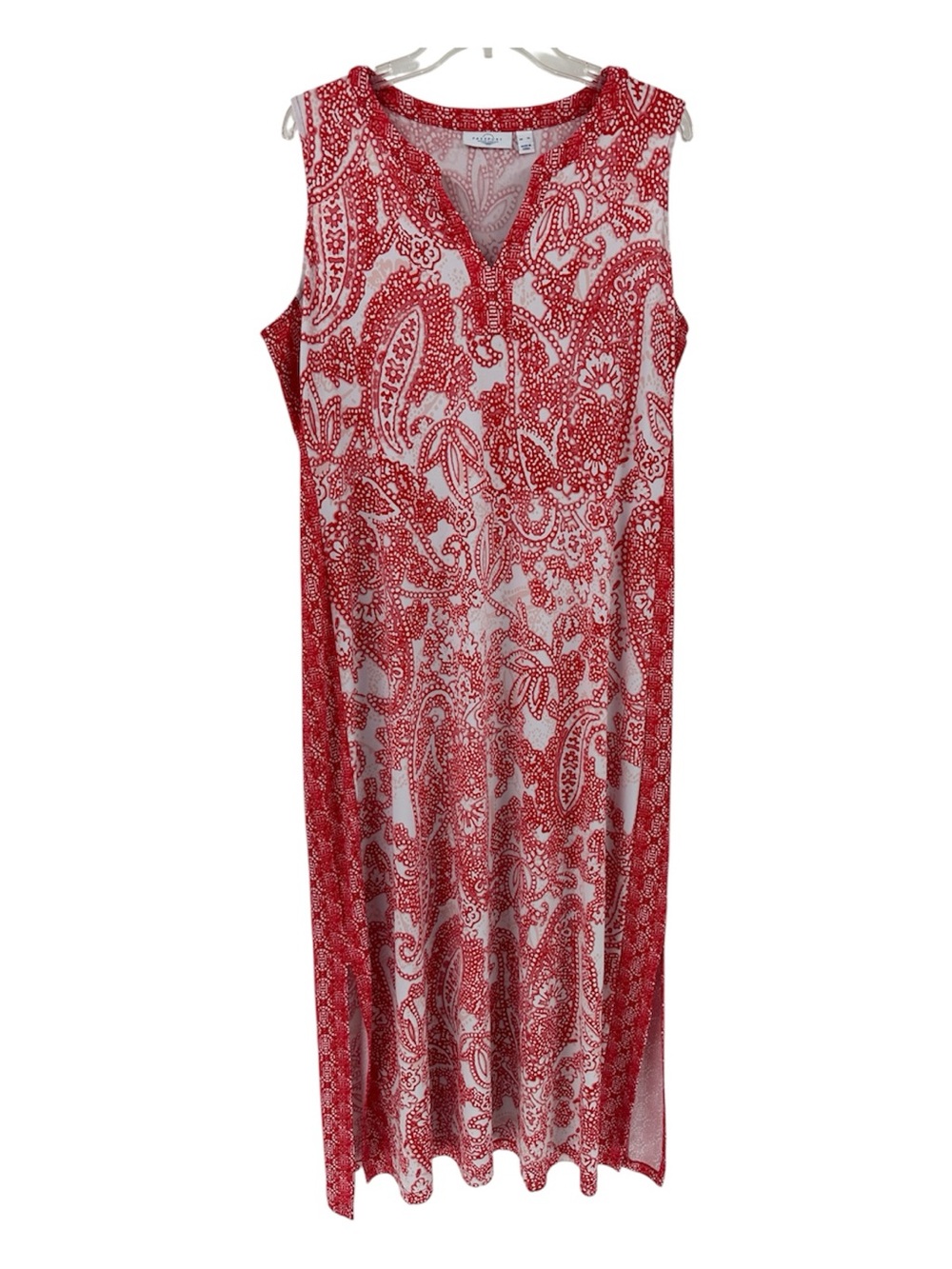 Susan Graver Passport Red and White Paisley Tank Maxi Dress with side slits szXL